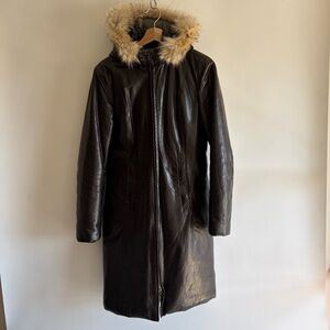 MO851 Full Leather Brown Winter Parka Coat With Fur